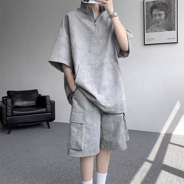 美式工装套装男夏季宽松休闲穿搭一整套短袖2025新款冰丝运动短裤,男装休闲套装,星座506A