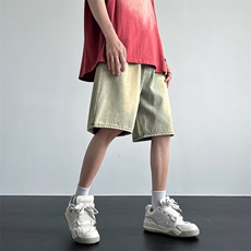 牛仔短裤男泥黄色复古宽松休闲五分裤夏季新款中裤子D5796-P38，男装牛仔裤，星座1008