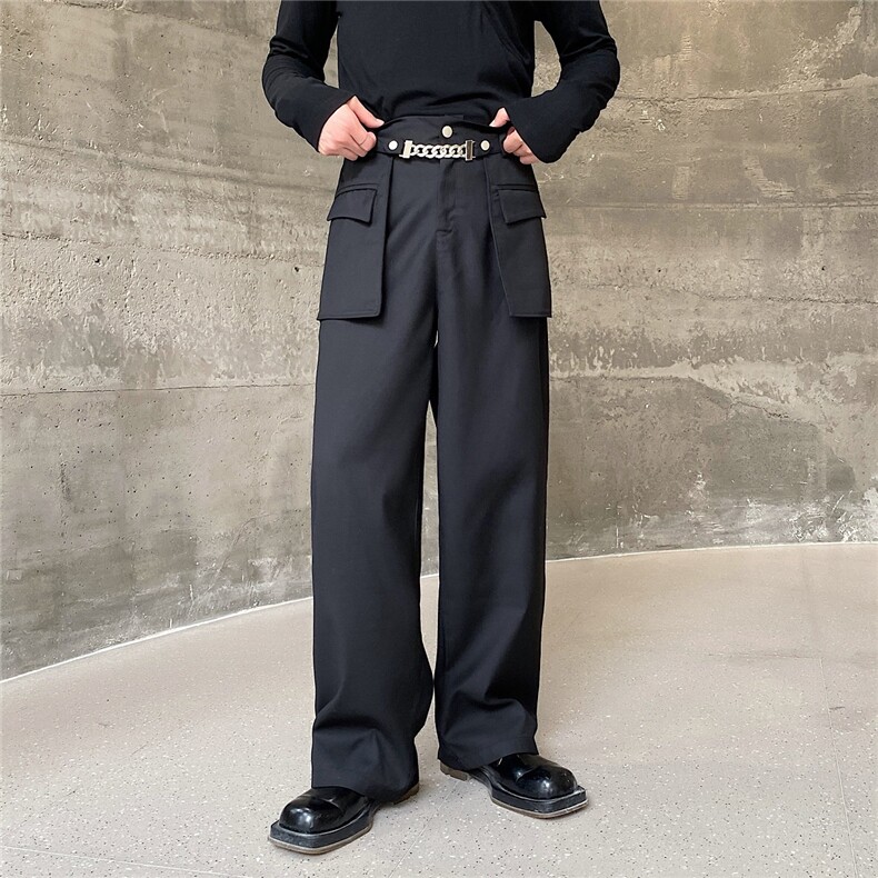 高腰链条工装裤长款男拼贴翻盖立体口袋直筒裤秋冬休闲裤287-P90，男装工装外套，电商A345