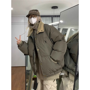 美式复古翻领多口袋面包棉服男女冬季简约设计感加厚情侣棉衣外套图片