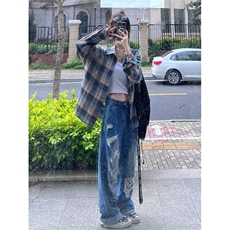 美式复古格子衬衫男春秋季长袖休闲宽松港风潮流装衬衣外套网图，男装衬衫，星座302B