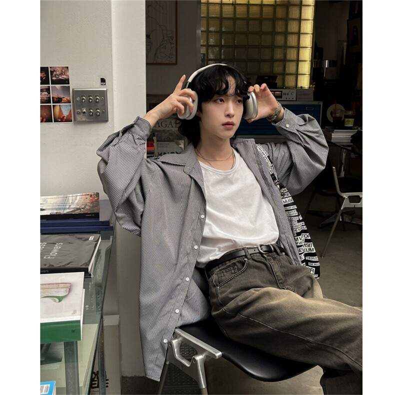 条纹休闲衬衫男春季宽松长袖衬衣韩版潮流翻领上衣710-808,男装衬衫,星座710