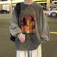 直播品质重磅纯棉美式蜡染水洗做旧潮牌宽松长袖t恤CT291特P38，男装T恤，电商A486