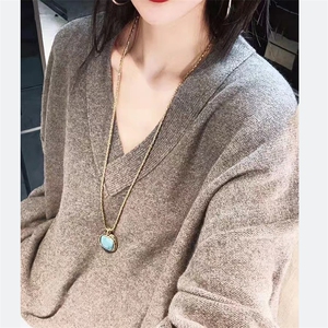 时尚慵懒风宽松显瘦V领羊毛针织衫女春季新款百搭气质长袖上衣图片