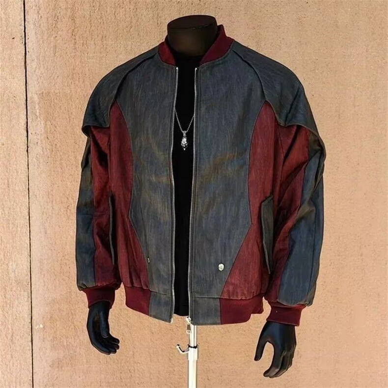 美式复古小众解构拼接皮衣外套男潮流街头痞帅撞色棒球服夹克上衣,男装皮衣,星座506A