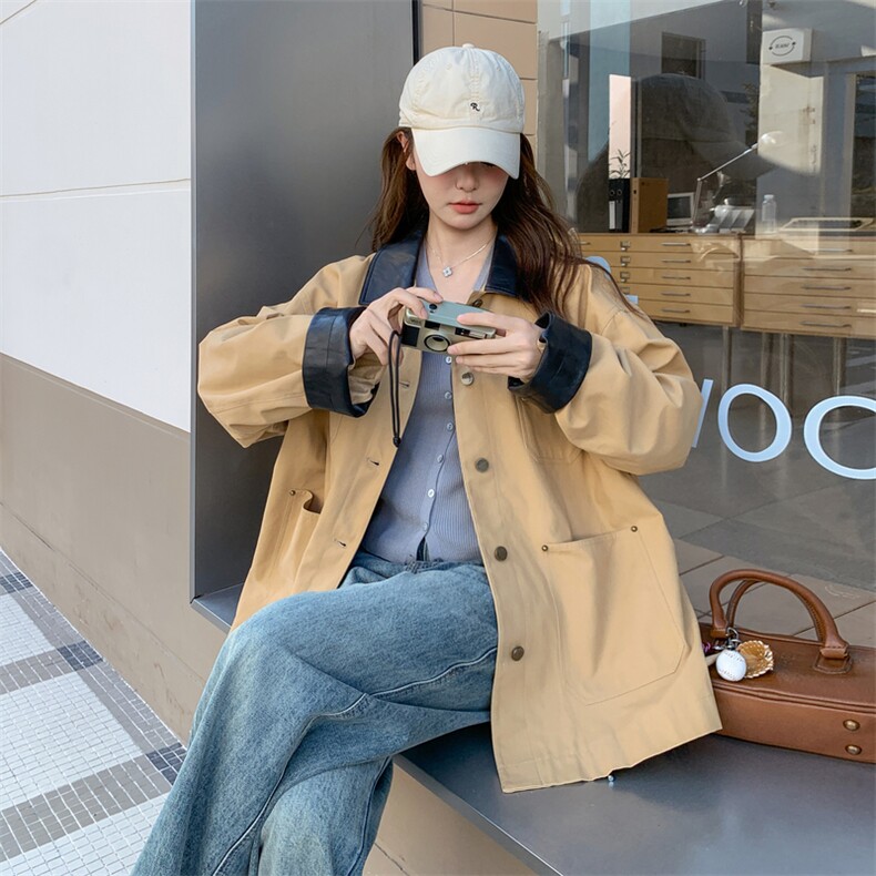 撞色拼接卡其色风衣外套短裙套装女秋季2025新款小个子两件套流行,女装短外套,2C372