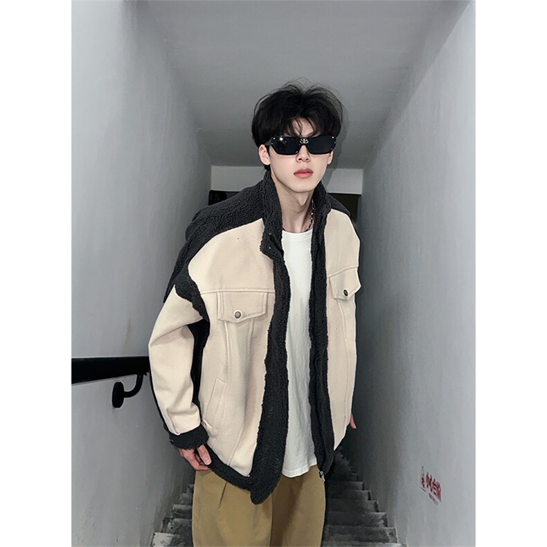 撞色羊羔毛拼接呢料夹克2025冬季男生立领外套XZ514-2-F588-P125,男装夹克,星座514-2(原B239)