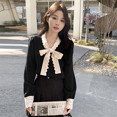 时尚甜美花边蝴蝶结长袖针织衫显瘦百搭女装毛衣上衣，女装针织衫/毛衣，鑫慧