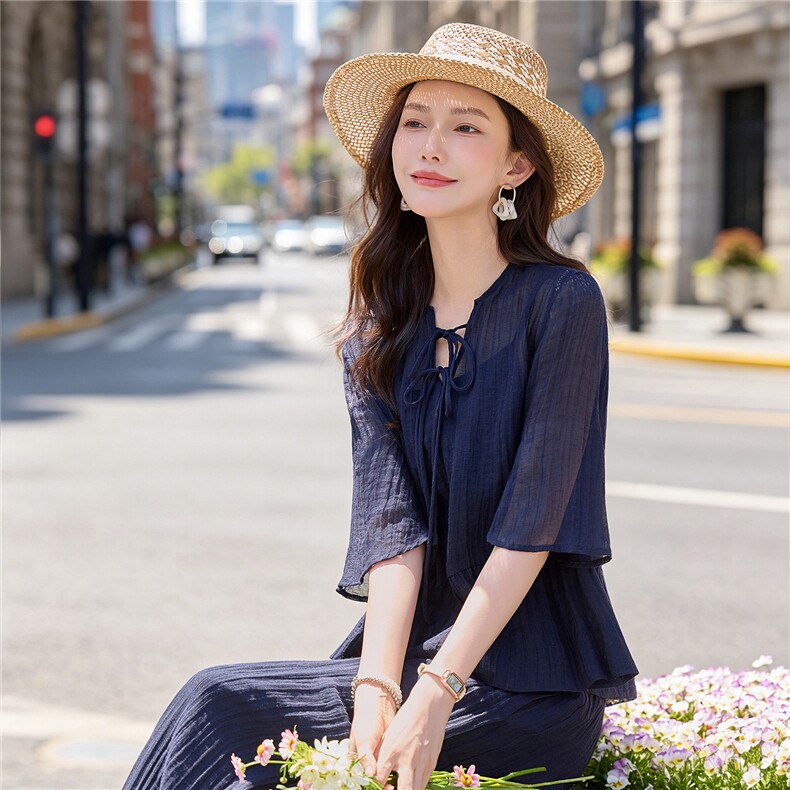 时尚休闲配吊带半透宽松上衣阔腿裤洋气三件套女,女装套装/套裙,水衣源