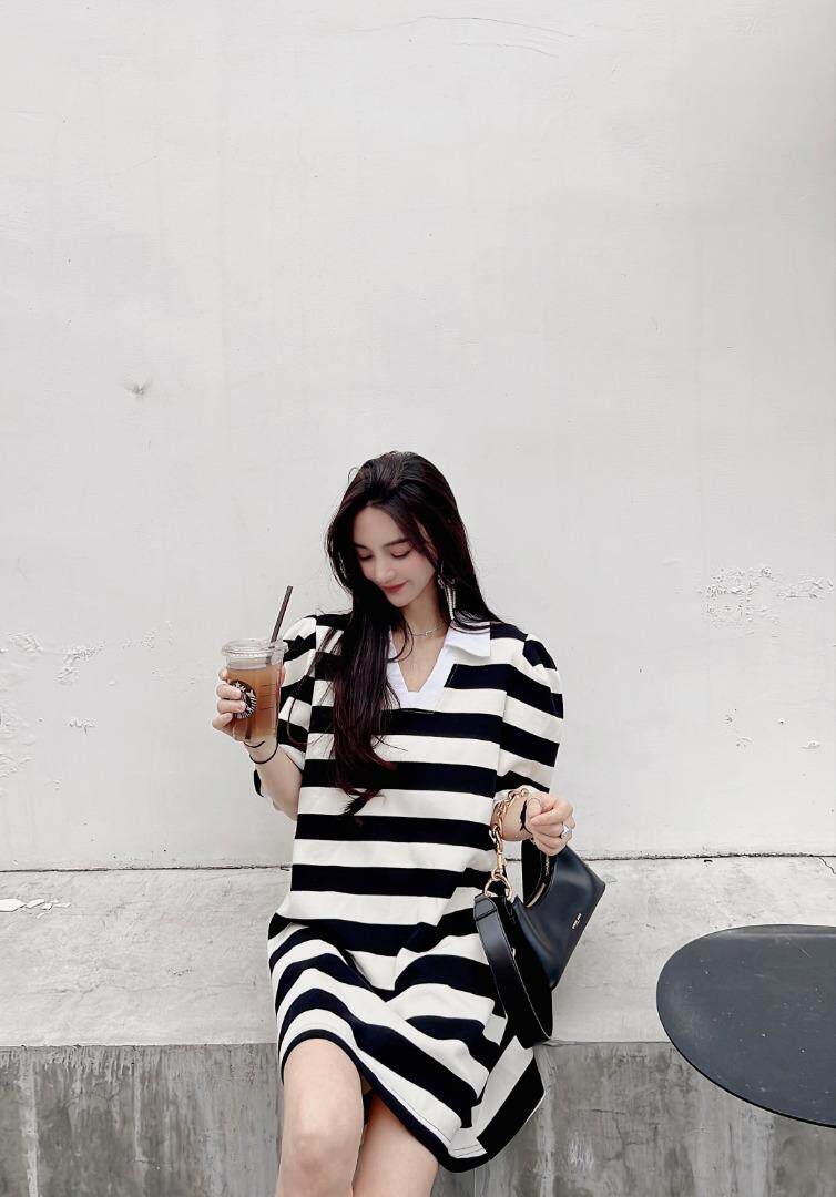 针织条纹连衣裙，女装连衣裙，爱俪佳娜