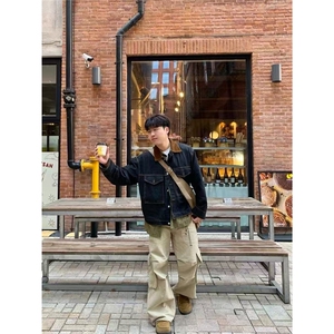 现货黑色牛仔翻领撞色工装夹克男JK96/P75