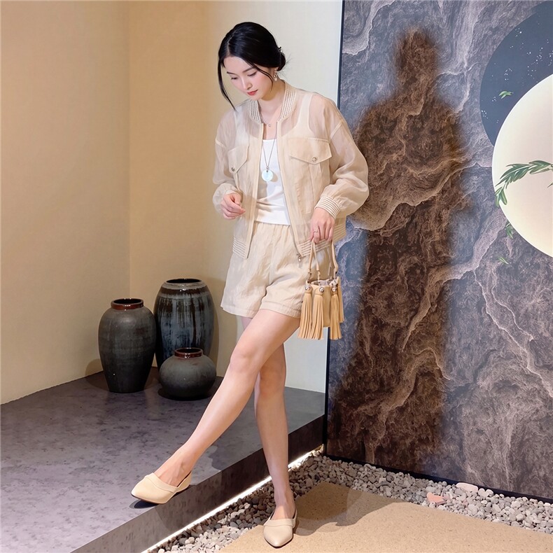女夏新款赫本风轻熟时尚炸街套装洋气减龄长袖开衫外套短裤两件套,女装套装/套裙,江南