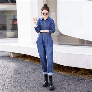 时尚显瘦牛仔连体裤女宽松高腰长袖工装裤，女装连体裤，秋水欣儿