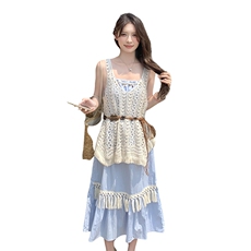 高级感海边度假旅游风裙夏季新款叠穿流苏吊带连衣裙子，女装连衣裙，2C135