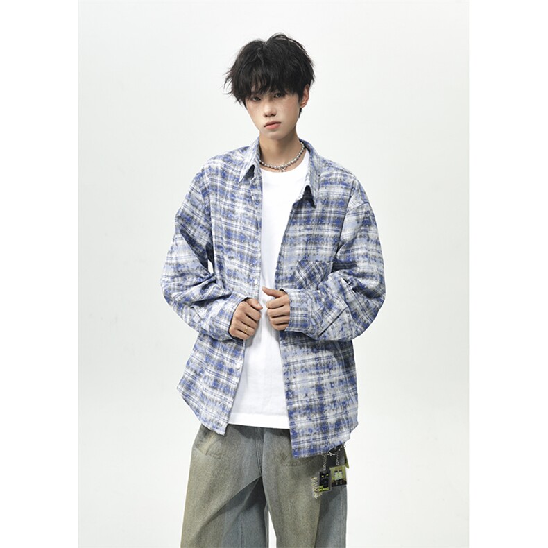 衬衫男秋季新款港风宽松扎染刺绣格子长袖衬衣25XC33159特批45,男装衬衫,电商A042