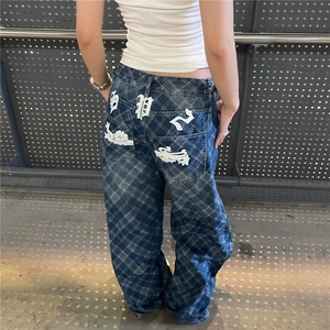 N53-P58 美式覆古格纹水洗弯刀牛仔裤男女设计感褶皱休闲风图片