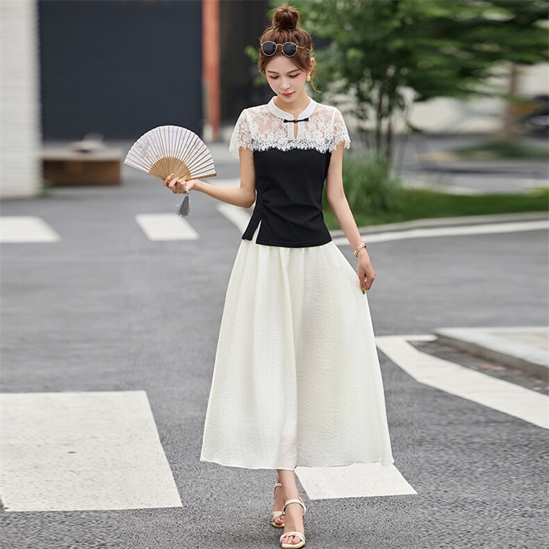 新中式g风套装女2026夏季新款高级感蕾丝拼接高端半身裙两件套潮，女装套装/套裙，超帛