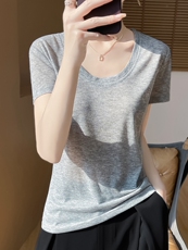 U领新款针织女短袖纯色简约百搭宽松套头，女装针织衫/毛衣，绒宛羊绒