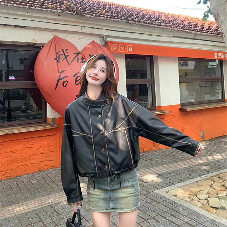 美拉德皮衣外套女小个子2024秋季新款美式复古棕色立领短款皮夹克，女装皮衣，纯色衣恋