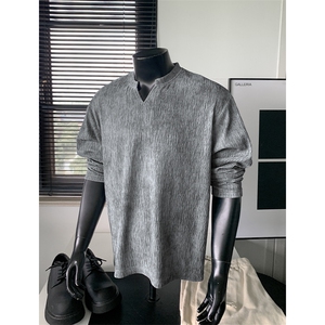 新款港风休闲V领扎染肌理感宽松打底衫长袖T恤男T53981-特P25控48,男装T恤,电商A001