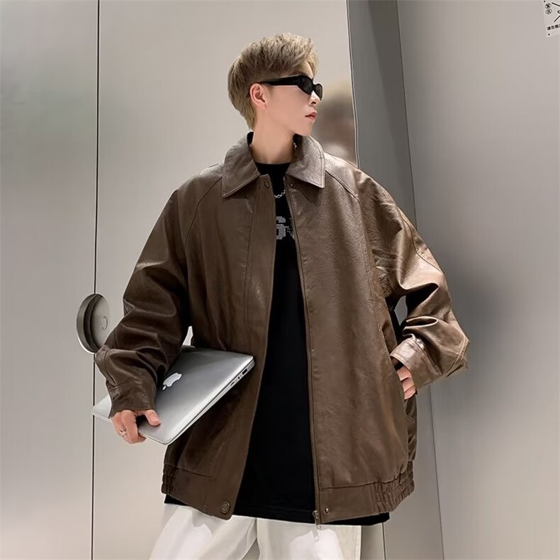 男款秋季美式高级感痞帅潮牌翻领宽松pu皮拼接机车服夹克3312/P68图片