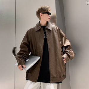 男款秋季美式高级感痞帅潮牌翻领宽松pu皮拼接机车服夹克3312/P68图片