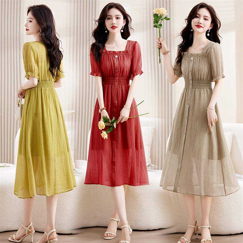 法式方领红色连衣裙女夏2023新款高端名媛气质收腰显瘦泡泡袖裙子，女装连衣裙，鑫鑫美