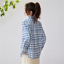 2026春夏新款蓝白格纹衬衫女学院风宽松慵懒风叠穿衬衣透气纯棉,女装衬衫,艾米