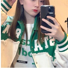 美式潮牌牛仔拼接外套男女春秋夹克设计感小众街头情侣高街棒球服，男装工装外套，星座1210-1