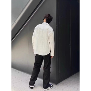 褶皱质感抽绳长袖衬衫小众设计感宽松特殊纹理衬衣男士 C24图片