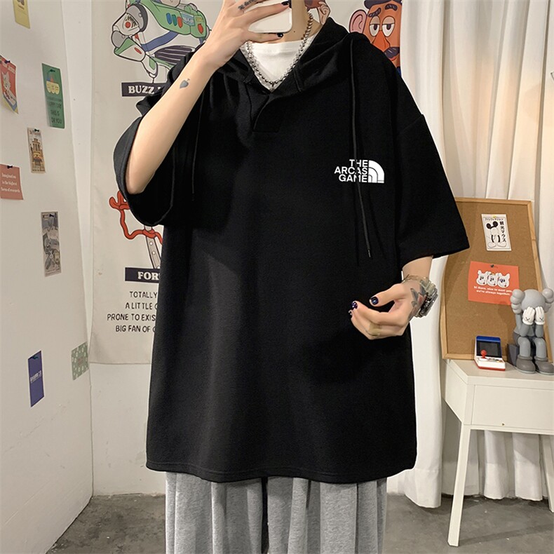 LD54232-P45连帽短袖t恤男大码胖子带帽五分袖中袖,男装T恤,电商A040