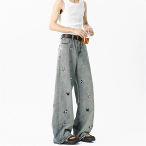 美式腊肠狗刺绣牛仔裤子男新款潮宽松水洗微喇高街长裤AMW09 P45图片