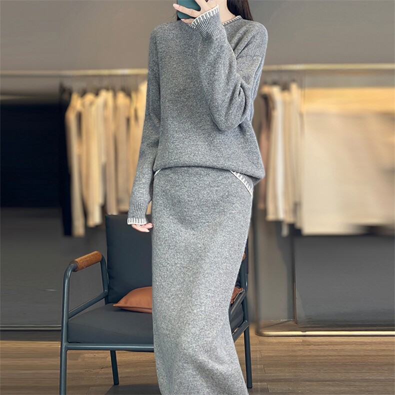 2025秋冬百搭时尚简约圆领长袖上衣加裙子套装，女装套装/套裙，暖思雅