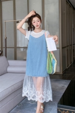 小个子夏日清纯甜美穿搭套装女2025新款t恤网纱牛仔吊带裙两件套，女装连衣裙，2C032