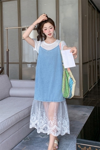 小个子夏日清纯甜美穿搭套装女2025新款t恤网纱牛仔吊带裙两件套图片