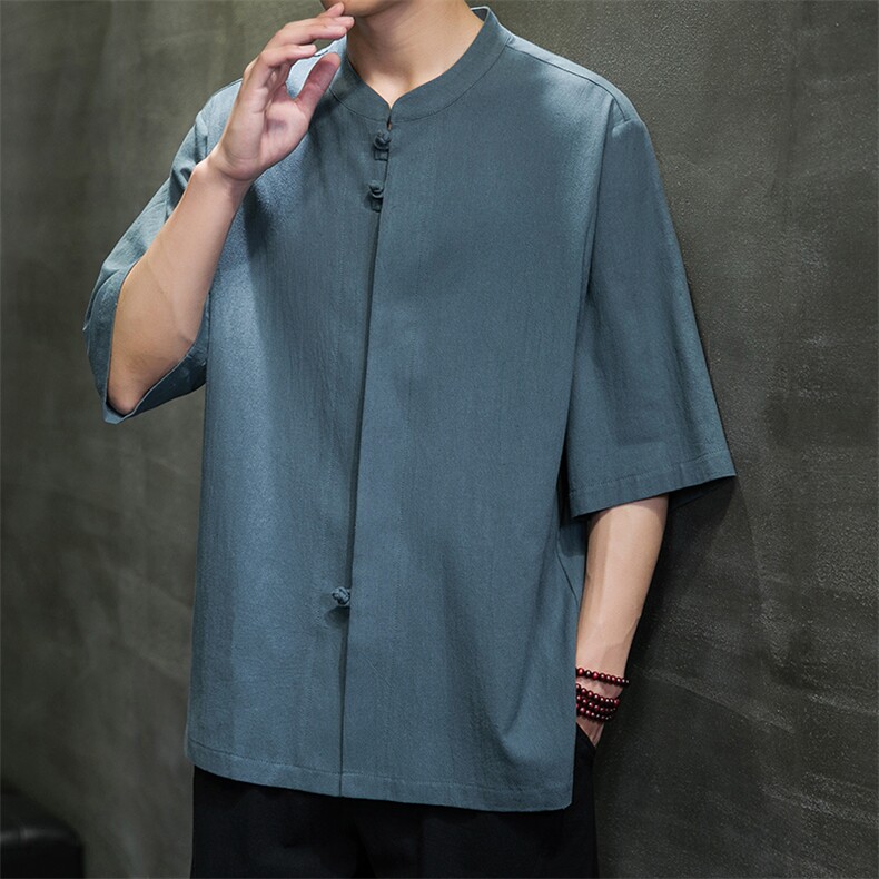 2023风男装盘扣唐装汉服五分袖短袖衬衫A203A-6809图片