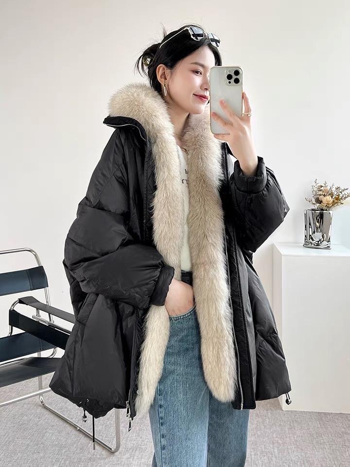 2022新款欧洲站韩版宽松可拆卸真狐狸毛领90%白鸭绒羽绒服,女装羽绒服,L·H·X