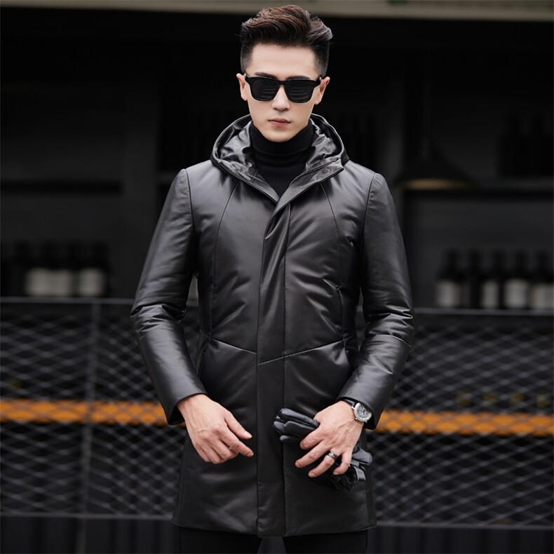 海宁修身皮衣中长款羽绒服男绵羊皮夹克男连帽外套潮P710图片