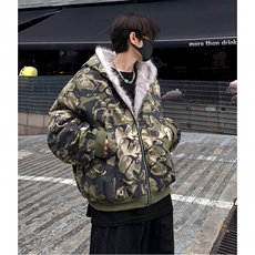 设计感毛绒拼接玫瑰迷彩连帽棉服男女休闲宽松短款外套潮p108，男装棉衣，电商C307
