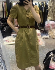 女神款V领气质配腰带连衣裙，女装连衣裙，L·H·X