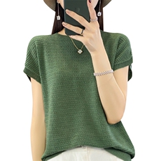 2023夏季新款薄款天丝女短袖t恤圆领冰丝针织衫法式半袖打底上衣，女装针织衫/毛衣，大美人高端店
