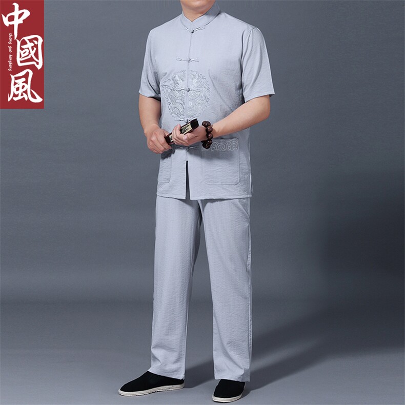 男士套装2023夏季新款中年爸爸短袖唐装男式衬衫风盘扣两件套图片