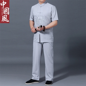 男士套装2023夏季新款中年爸爸短袖唐装男式衬衫风盘扣两件套图片