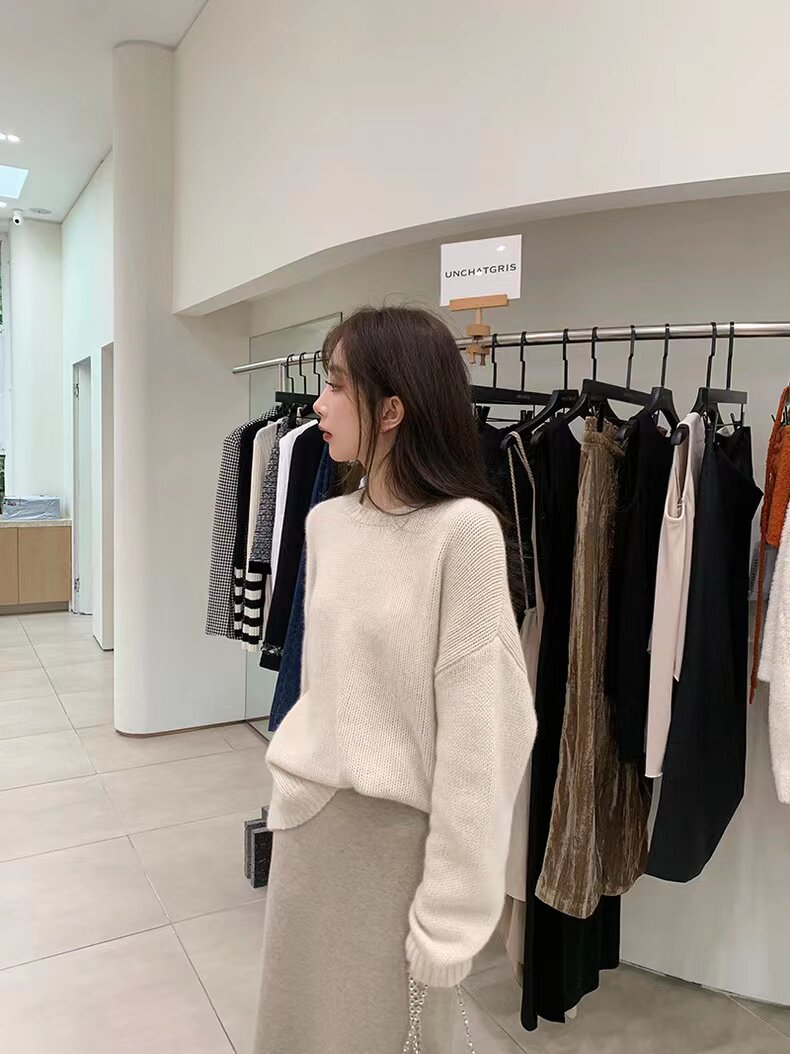 落肩圆领女重磅加厚套头长袖毛衣宽松慵懒减龄针织打底衫,针织衫/毛衣,半城羊绒