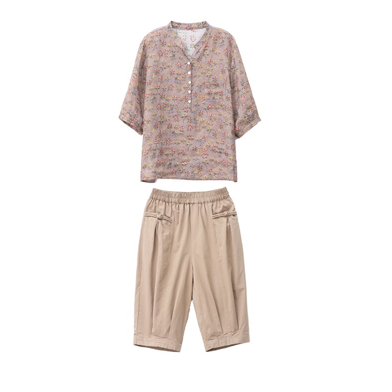 夏季纯苎麻上衣裤子两件套2022年夏季女款中年妈妈时尚套装,女装套装/套裙,忆绮罗