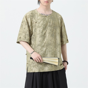2025夏季新款风男汉服盘扣新中式唐装天丝竹叶衬衫 C131-P75图片