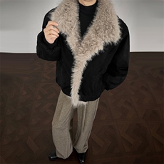 现货重磅硬挺boxy羽绒棉衣座山雕大毛毛领洗水麂皮棉服冬外套，男装棉衣，电商A443