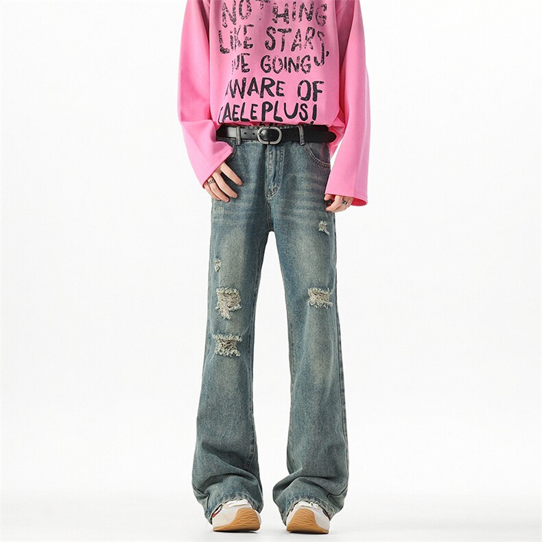 D771-特批30秋季垂感水洗磨破微喇牛仔裤,男装牛仔裤,星座1503