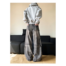 美式复古多口袋工装牛仔裤男女街头做旧水洗阔腿裤子潮N08124-P80，男装牛仔裤，星座308B-2