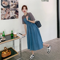 法式气质条纹拼接牛仔连衣裙女2025夏季新款韩版收腰显瘦减龄长裙，女装连衣裙，辉之琳